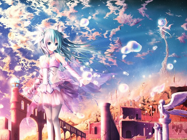 doraemon porn wallpapers blue long dress bubbles green hair eyes twintails pink doraemon sleeves miku ornaments thigh sky hatsune vocaloid highs clouds skyscapes detached