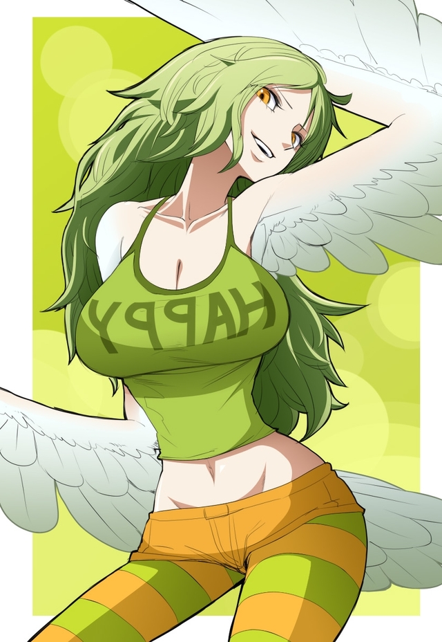 green toon hentai pics picture large pic toon one girl piece long monster green hair breasts eyes solo highres yellow cleavage monet wings harpy midriff smirk