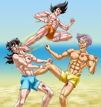 dragon ball z hentai dbz gay hentai yaoi bishonen muscle dbkai bara dragon ball kai saiyan peruggine muay thai beach fanart gohanxtrunks training