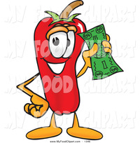 hot toons pics food clip art red hot chili pepper mascot cartoon character holding dollar bill toons biz design