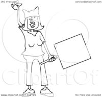 picture of cartoon pussy clipart cartoon black white lineart angry woman shouting wearing pussy hat holding blank sign womens march royalty free vector illustration portfolio djart